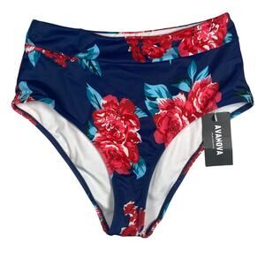 Avanova Floral High Waist Swimsuit Bottoms Womens Medium Red Blue Bikini Bottom